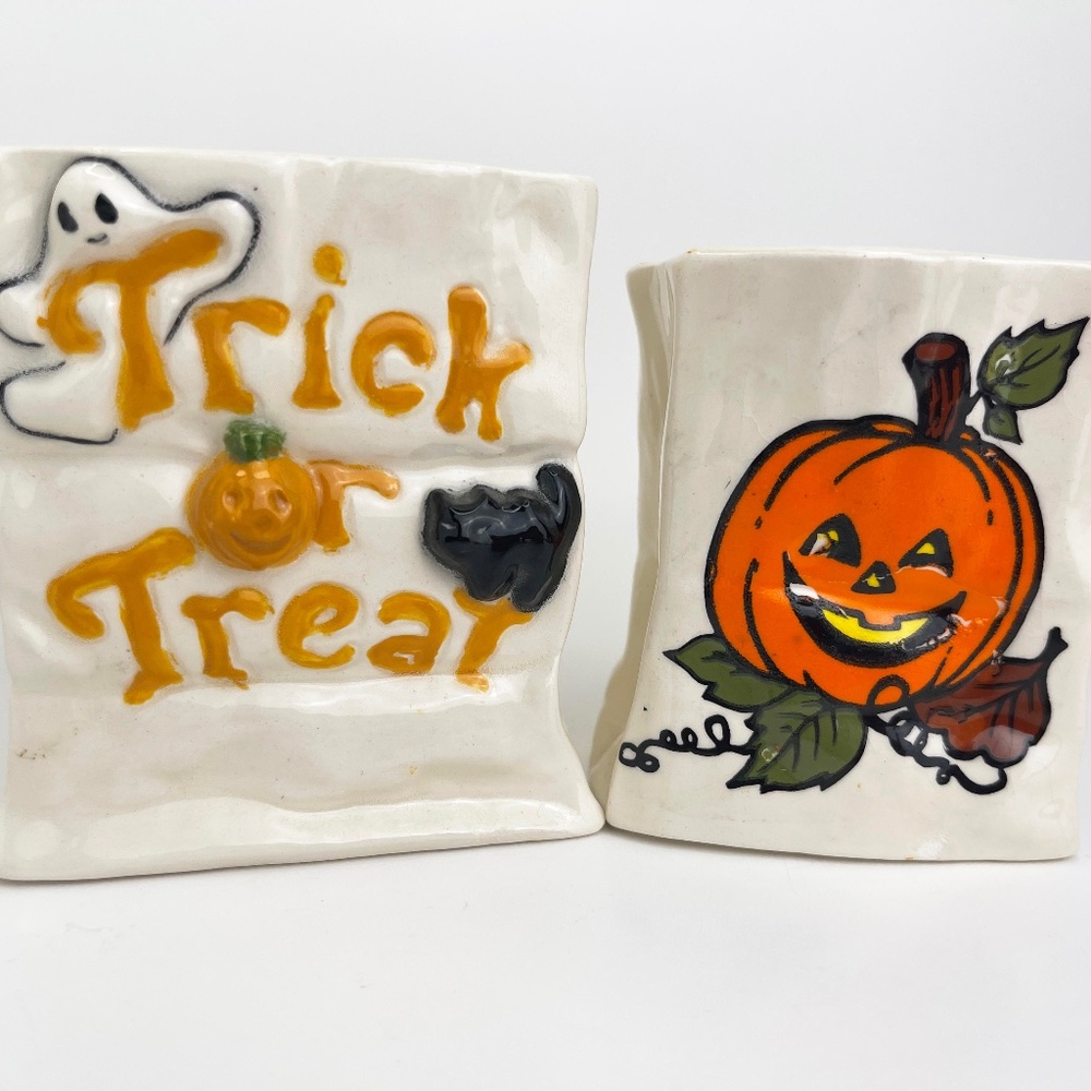 Vintage Handmade Ceramic Speckled Trick or Treat Bags | Small Planter | 1980s